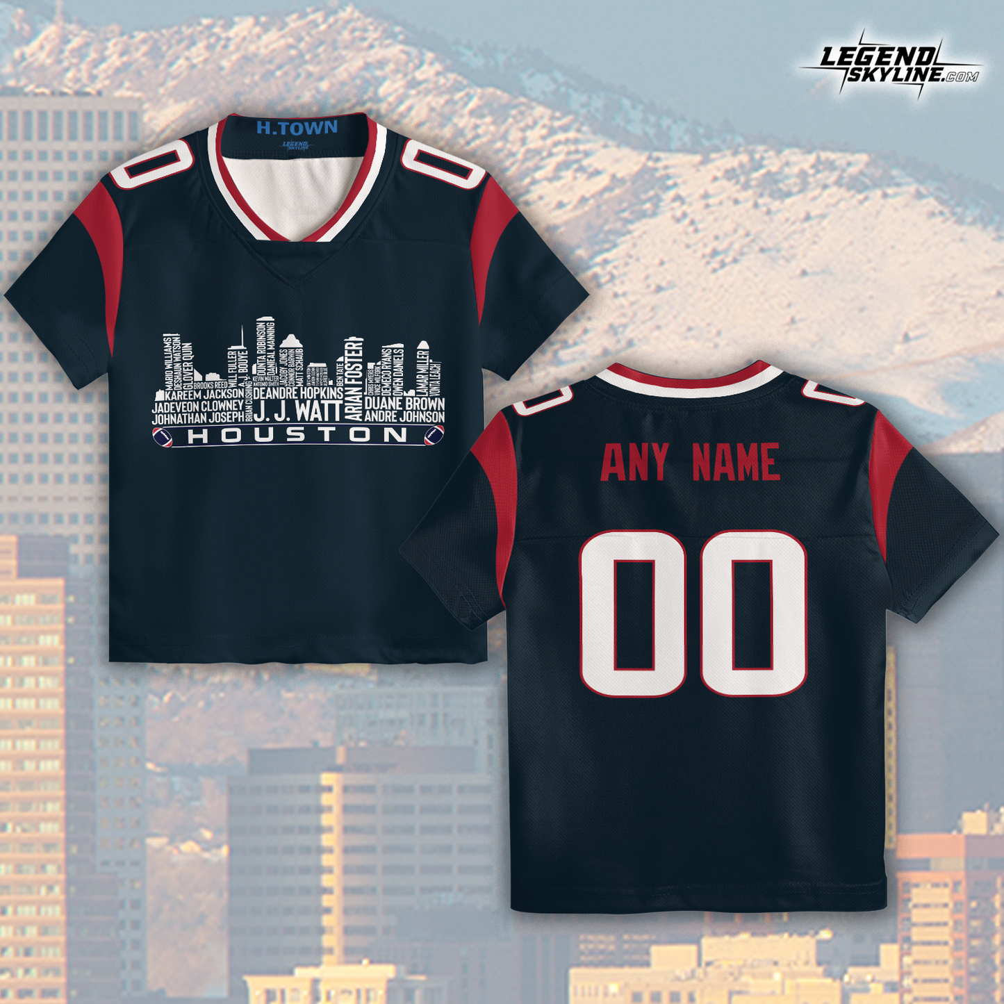 Houston Jersey Custom Football Greatest Of All Time Team Legends Houston City Skyline Jersey Shirt, Personalized Embroidery Name Number