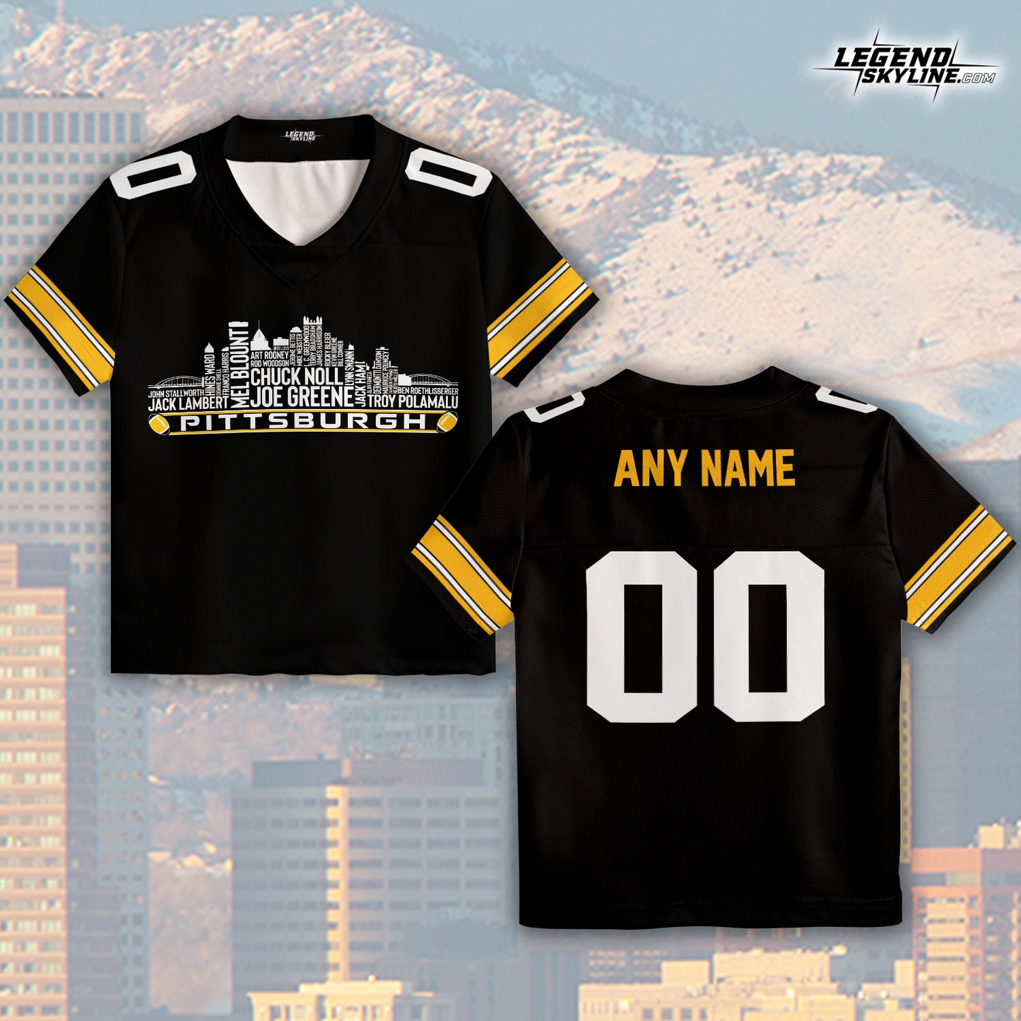 Pittsburgh Custom Football Jersey Greatest Of All Time Team Legends Pittsburgh City Skyline Shirt Personalized Embroidery Name Number
