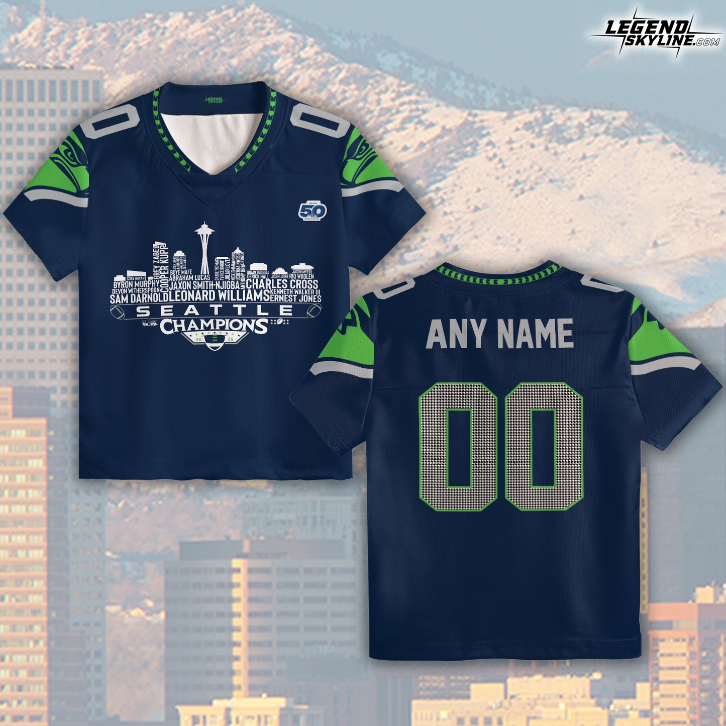 Seattle Custom Jersey Champions LX Football 2026 Bowl Dream Team Seattle Skyline Personalized Embroidery Name Number