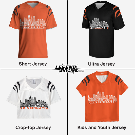Cincinnati Jersey Custom Football Greatest Of All Time Team Legends Cincinnati City Skyline Jersey Shirt, Personalized Embroidery Name Number