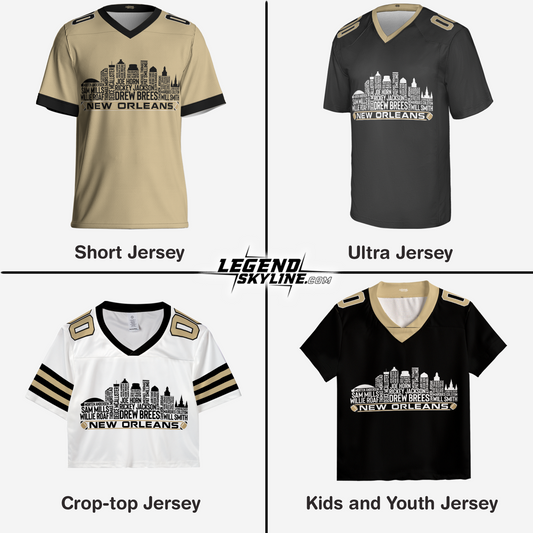 New Orleans Jersey Custom Football Greatest Of All Time Team Legends New Orleans City Skyline Jersey Shirt, Personalized Embroidery Name Number