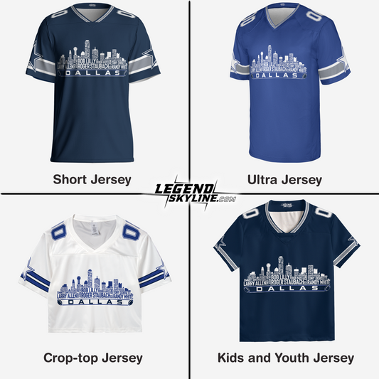 Dallas Custom Football Jersey Greatest Of All Time Team Legends, Dallas City Skyline Shirt, Personalized Embroidery Name Number