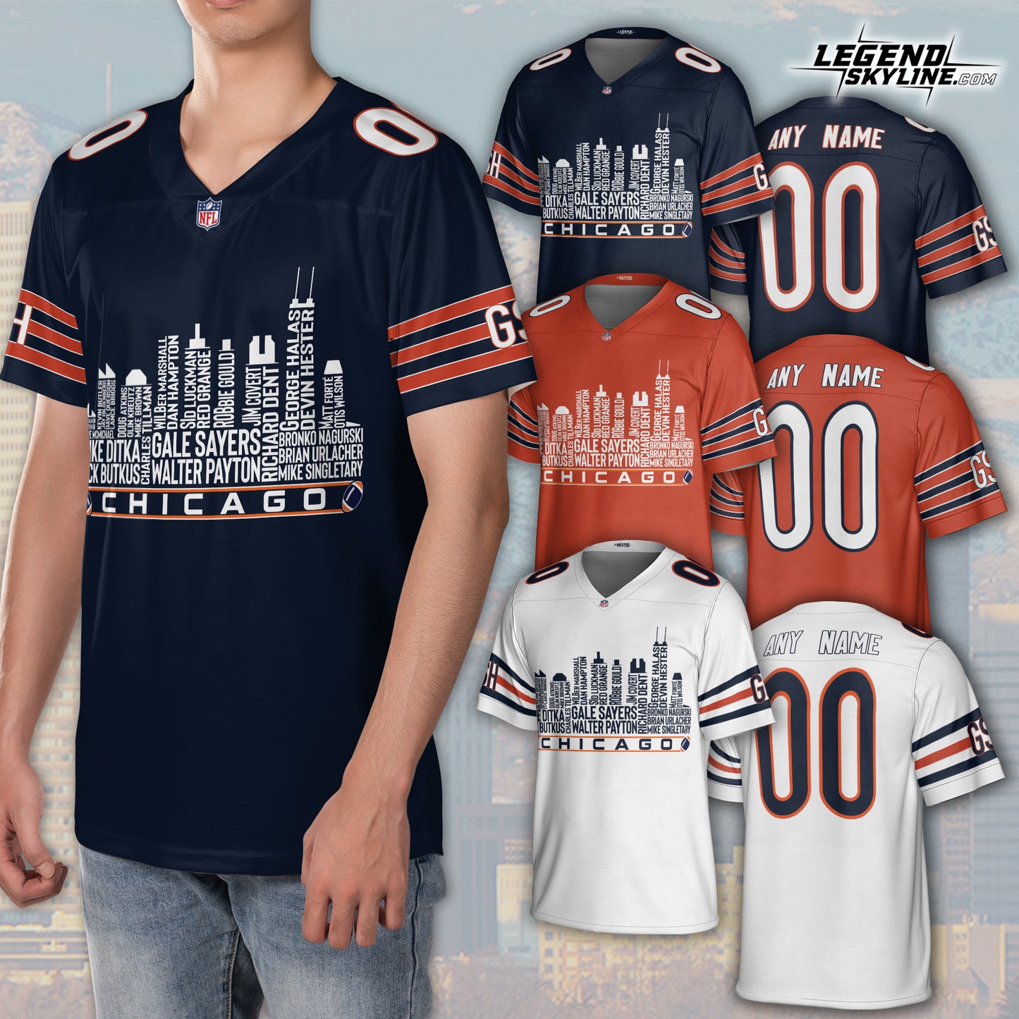 Chicago Jersey Custom Football Greatest Of All Time Team Legends Chicago City Skyline Jersey Shirt, Personalized Embroidery Name Number