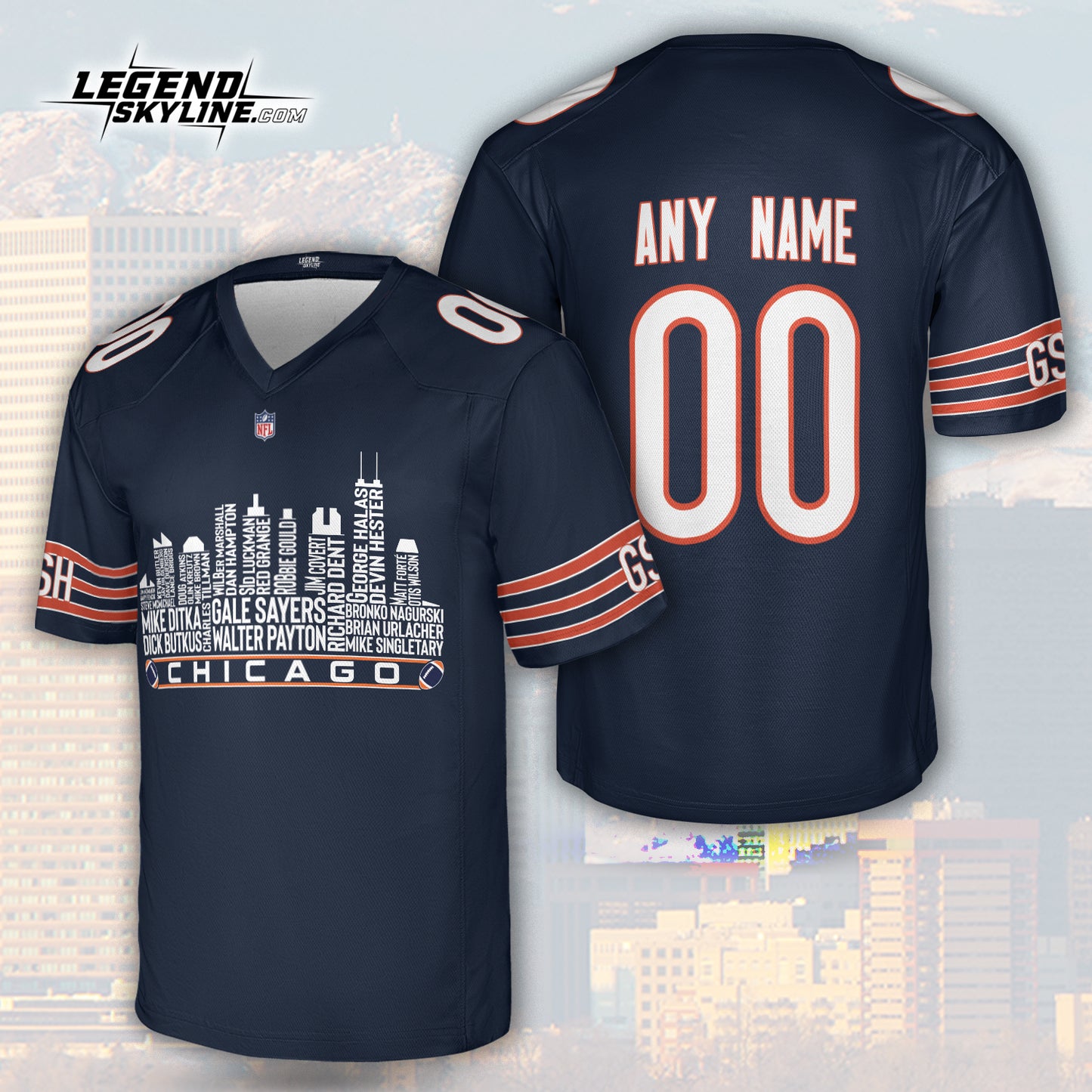 Chicago Jersey Custom Football Greatest Of All Time Team Legends Chicago City Skyline Jersey Shirt, Personalized Embroidery Name Number
