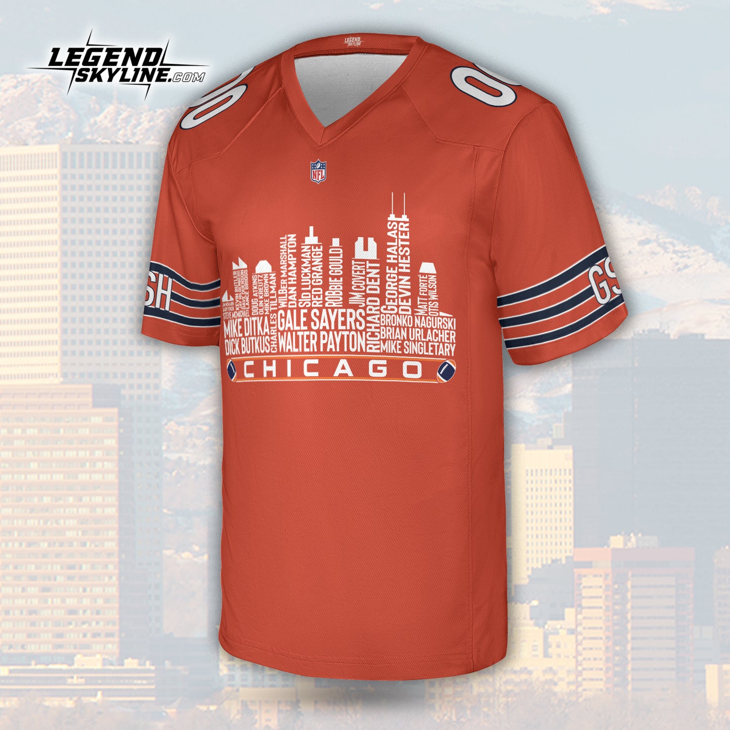 Chicago Jersey Custom Football Greatest Of All Time Team Legends Chicago City Skyline Jersey Shirt, Personalized Embroidery Name Number