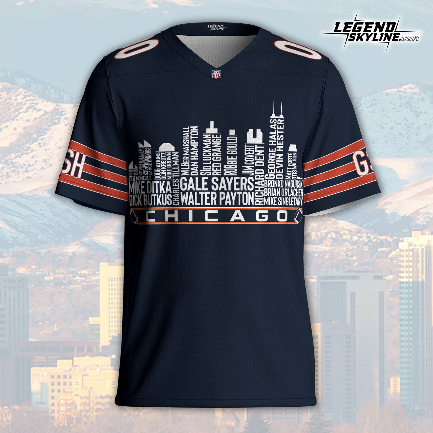 Chicago Jersey Custom Football Greatest Of All Time Team Legends Chicago City Skyline Jersey Shirt, Personalized Embroidery Name Number