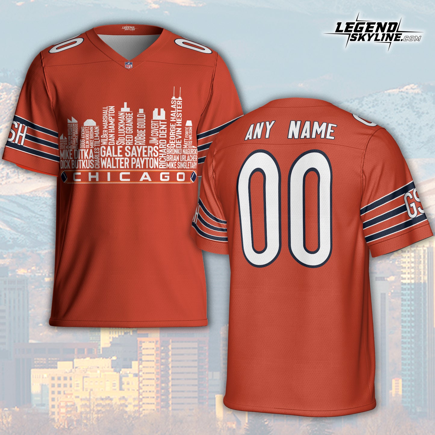 Chicago Jersey Custom Football Greatest Of All Time Team Legends Chicago City Skyline Jersey Shirt, Personalized Embroidery Name Number