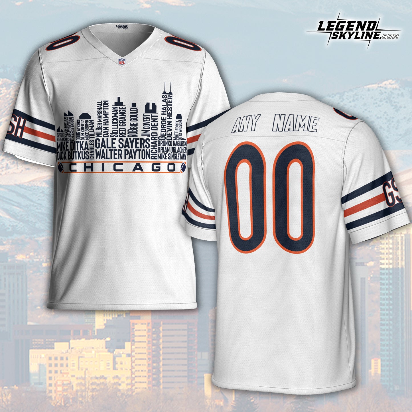 Chicago Jersey Custom Football Greatest Of All Time Team Legends Chicago City Skyline Jersey Shirt, Personalized Embroidery Name Number