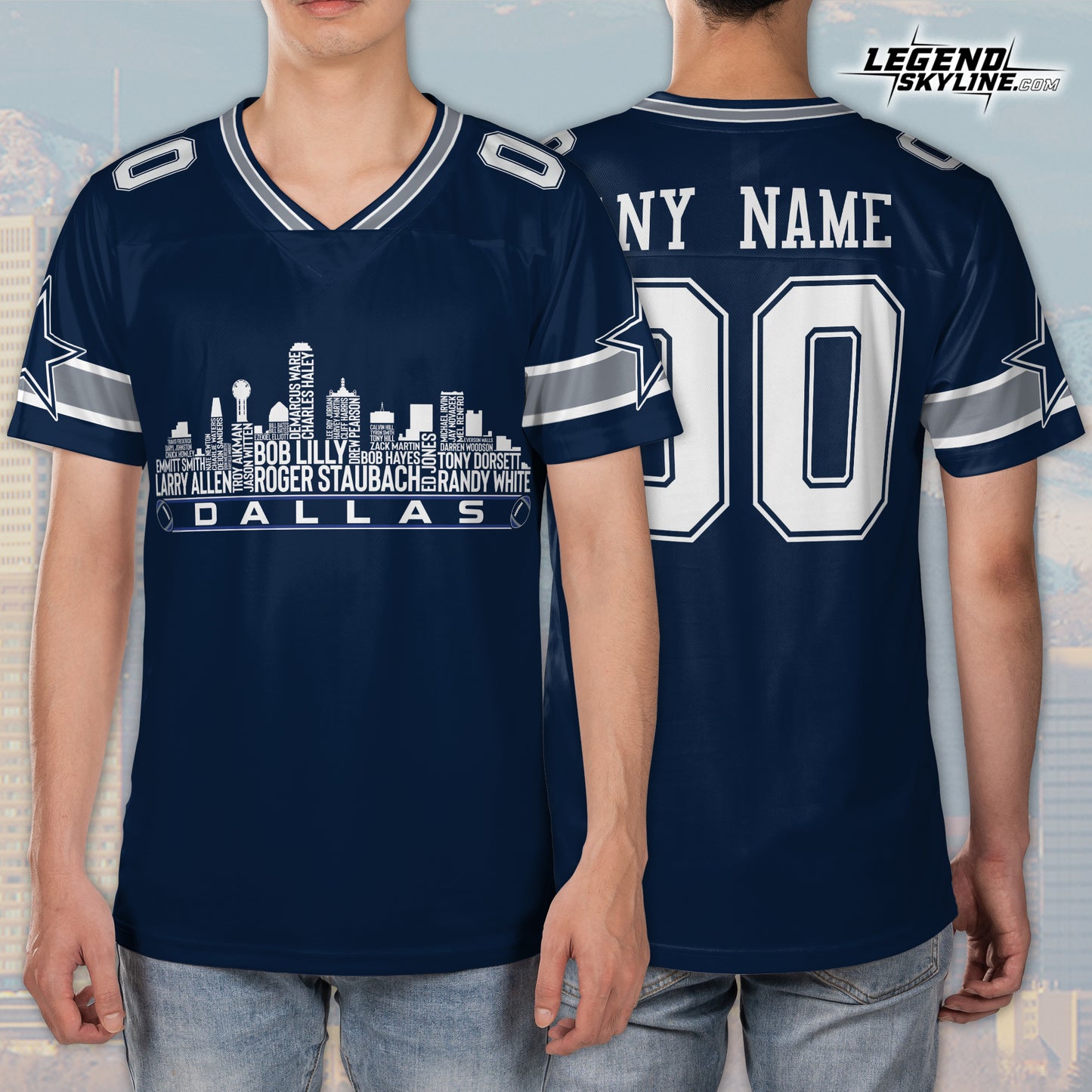 Dallas Custom Football Jersey Greatest Of All Time Team Legends, Dallas City Skyline Shirt, Personalized Embroidery Name Number