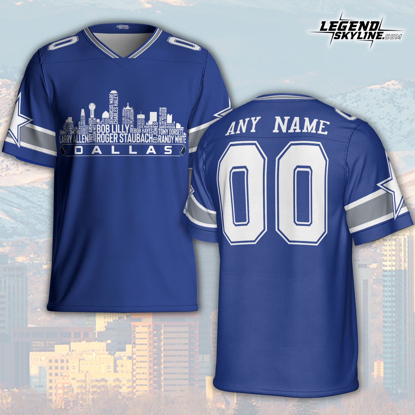 Dallas Custom Football Jersey Greatest Of All Time Team Legends, Dallas City Skyline Shirt, Personalized Embroidery Name Number