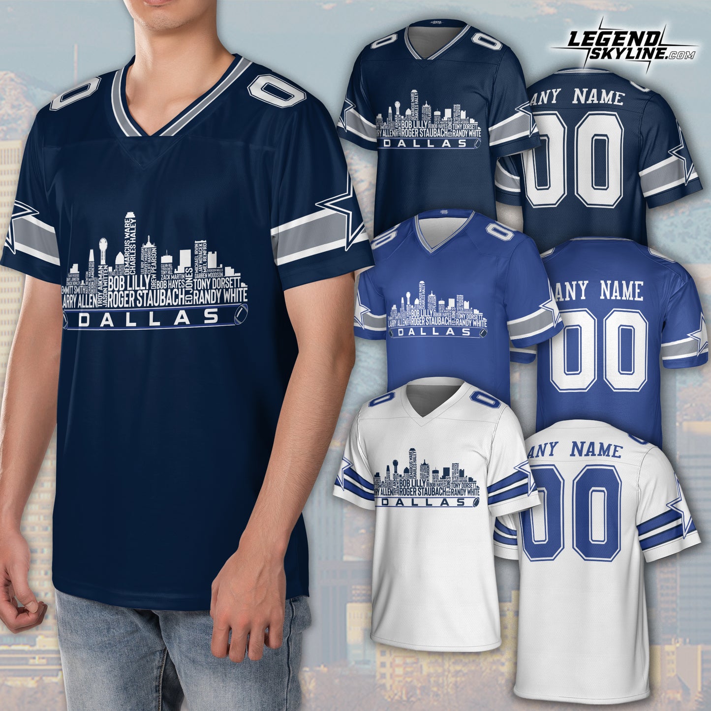 Dallas Custom Football Jersey Greatest Of All Time Team Legends, Dallas City Skyline Shirt, Personalized Embroidery Name Number