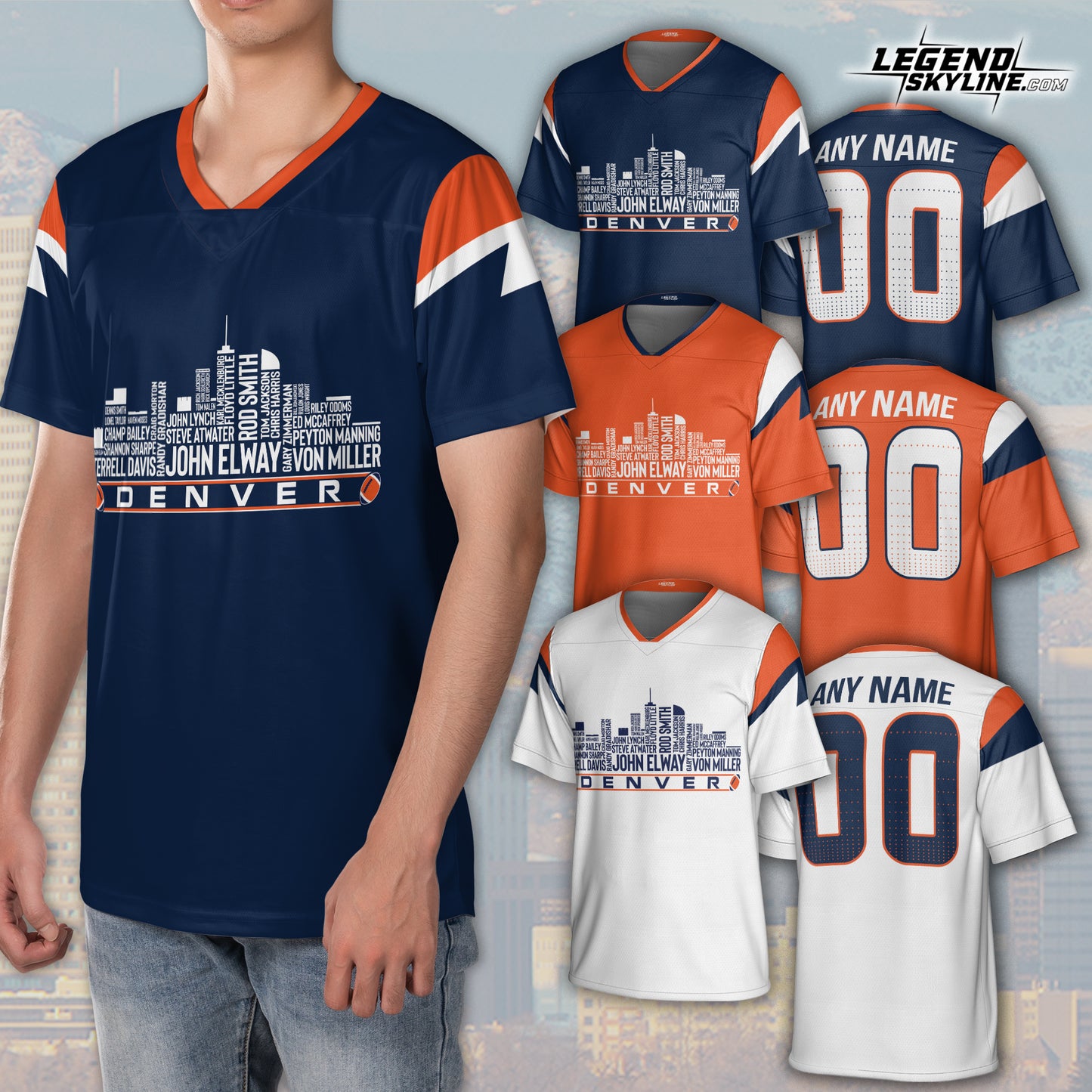 Denver Custom Football Jersey Greatest Of All Time Team Legends, Denver City Skyline Shirt, Personalized Embroidery Name Number