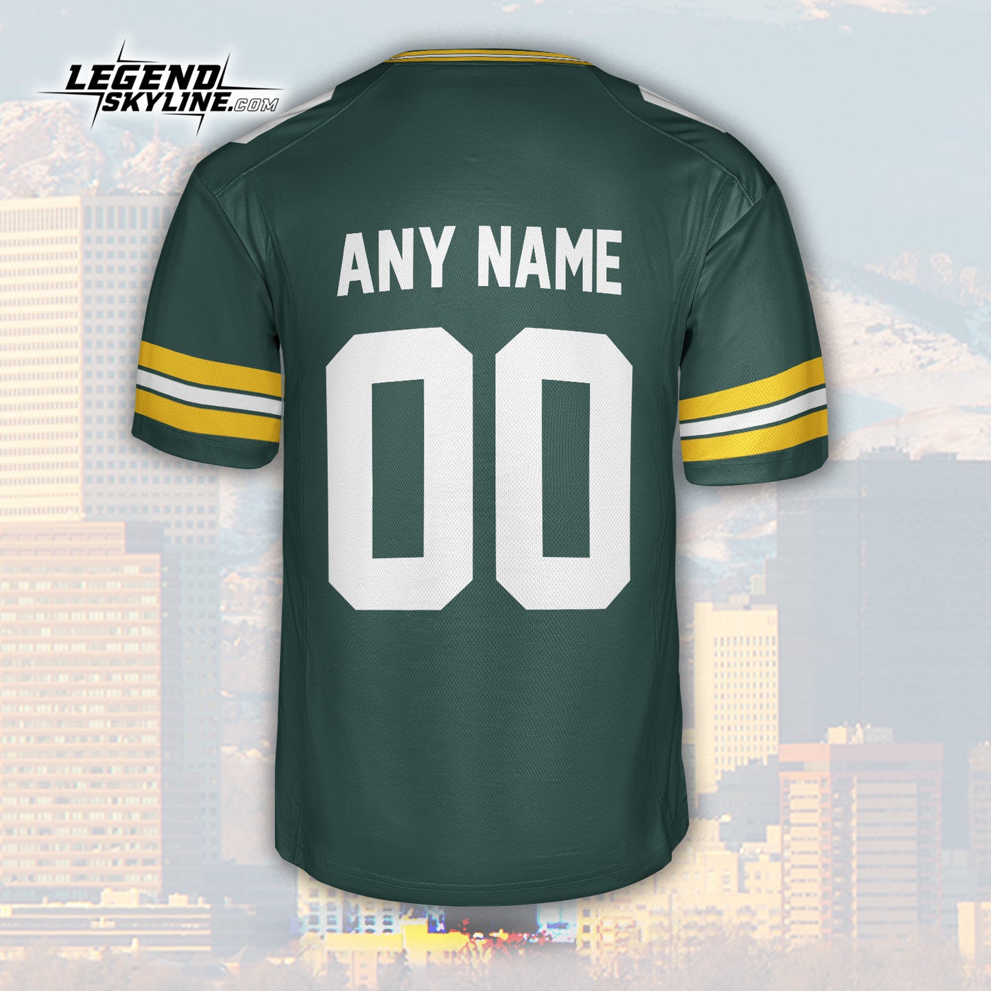 Green Bay Jersey Custom Football Greatest Of All Time Team Legends Green Bay City Skyline Jersey Shirt, Personalized Embroidery Name NumberGreen Bay