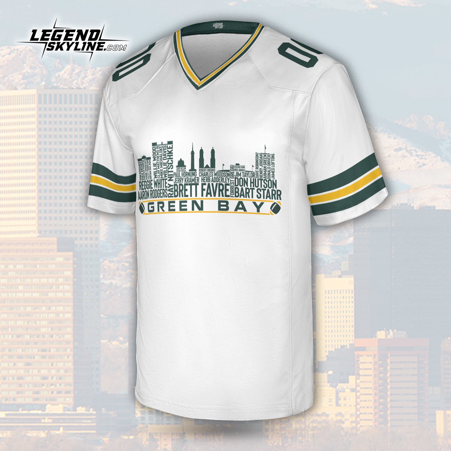 Green Bay Jersey Custom Football Greatest Of All Time Team Legends Green Bay City Skyline Jersey Shirt, Personalized Embroidery Name NumberGreen Bay