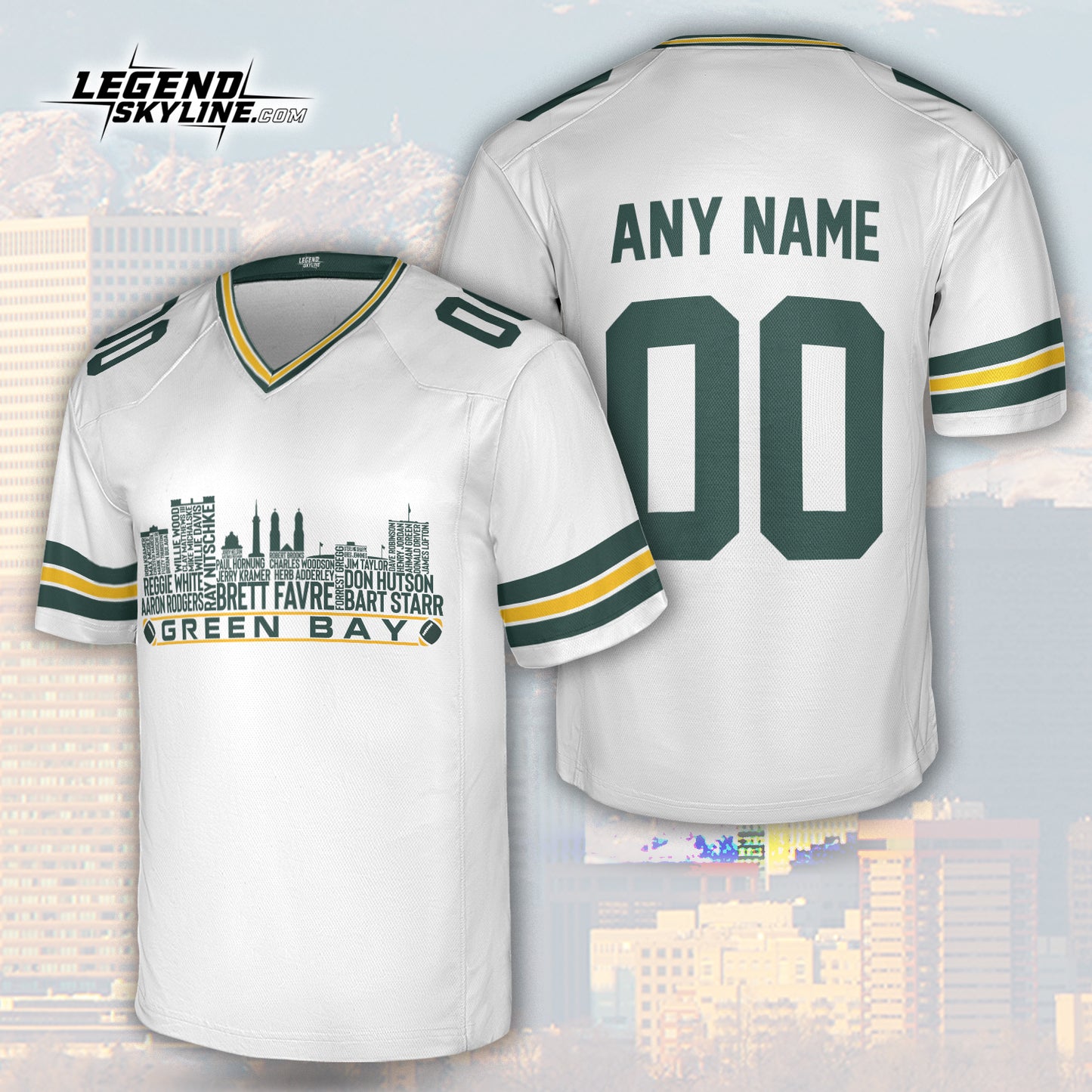 Green Bay Jersey Custom Football Greatest Of All Time Team Legends Green Bay City Skyline Jersey Shirt, Personalized Embroidery Name NumberGreen Bay
