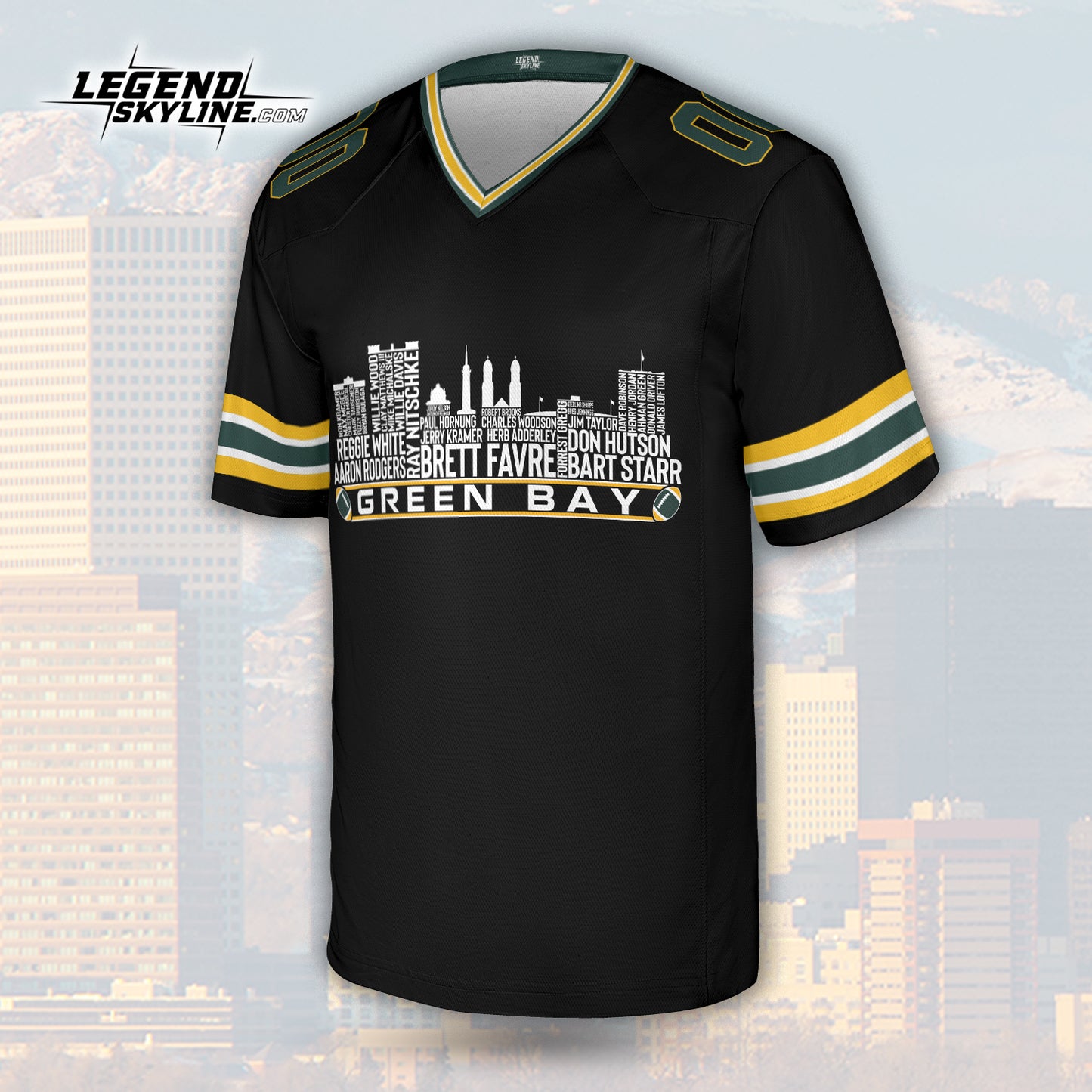 Green Bay Jersey Custom Football Greatest Of All Time Team Legends Green Bay City Skyline Jersey Shirt, Personalized Embroidery Name NumberGreen Bay