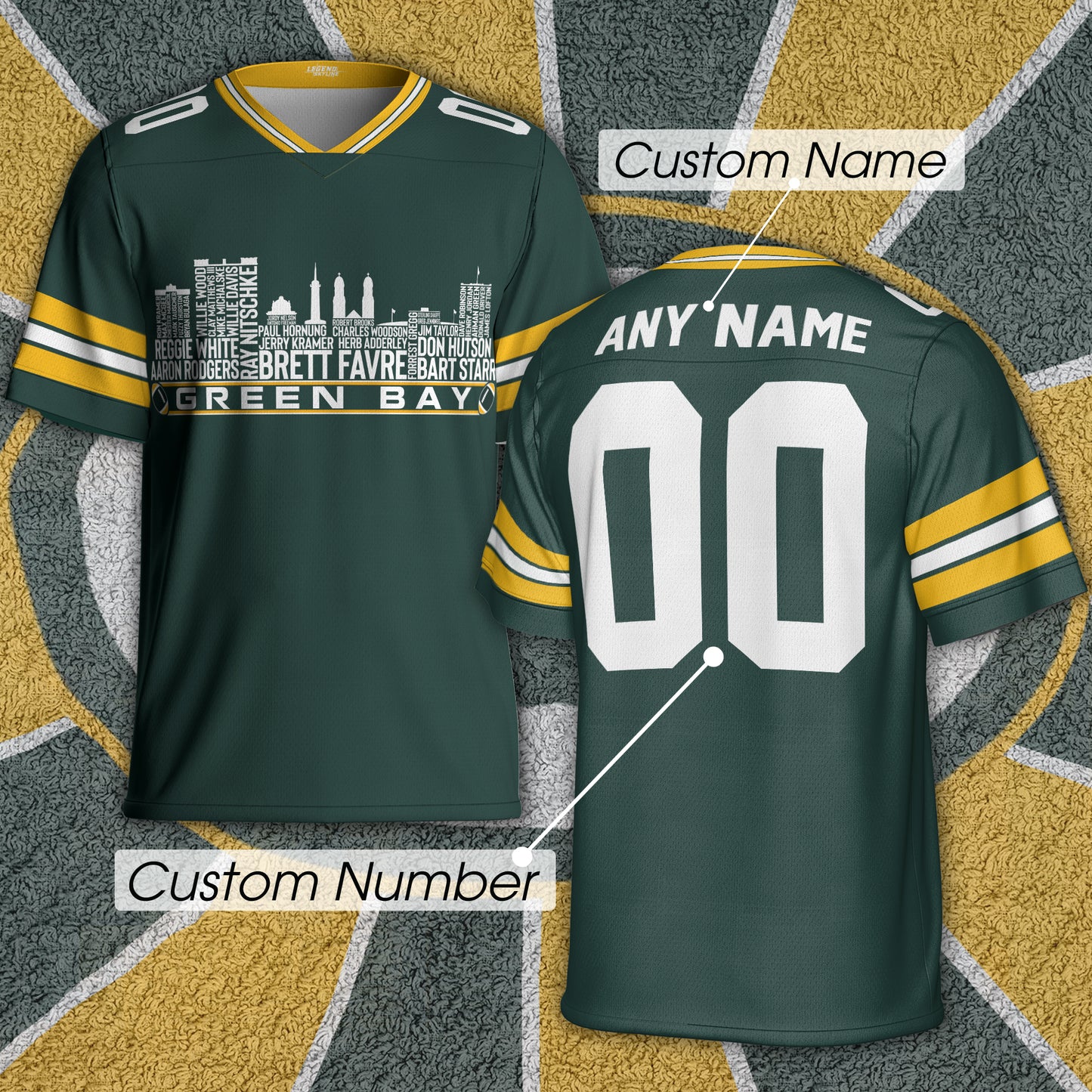 Green Bay Jersey Custom Football Greatest Of All Time Team Legends Green Bay City Skyline Jersey Shirt, Personalized Embroidery Name NumberGreen Bay