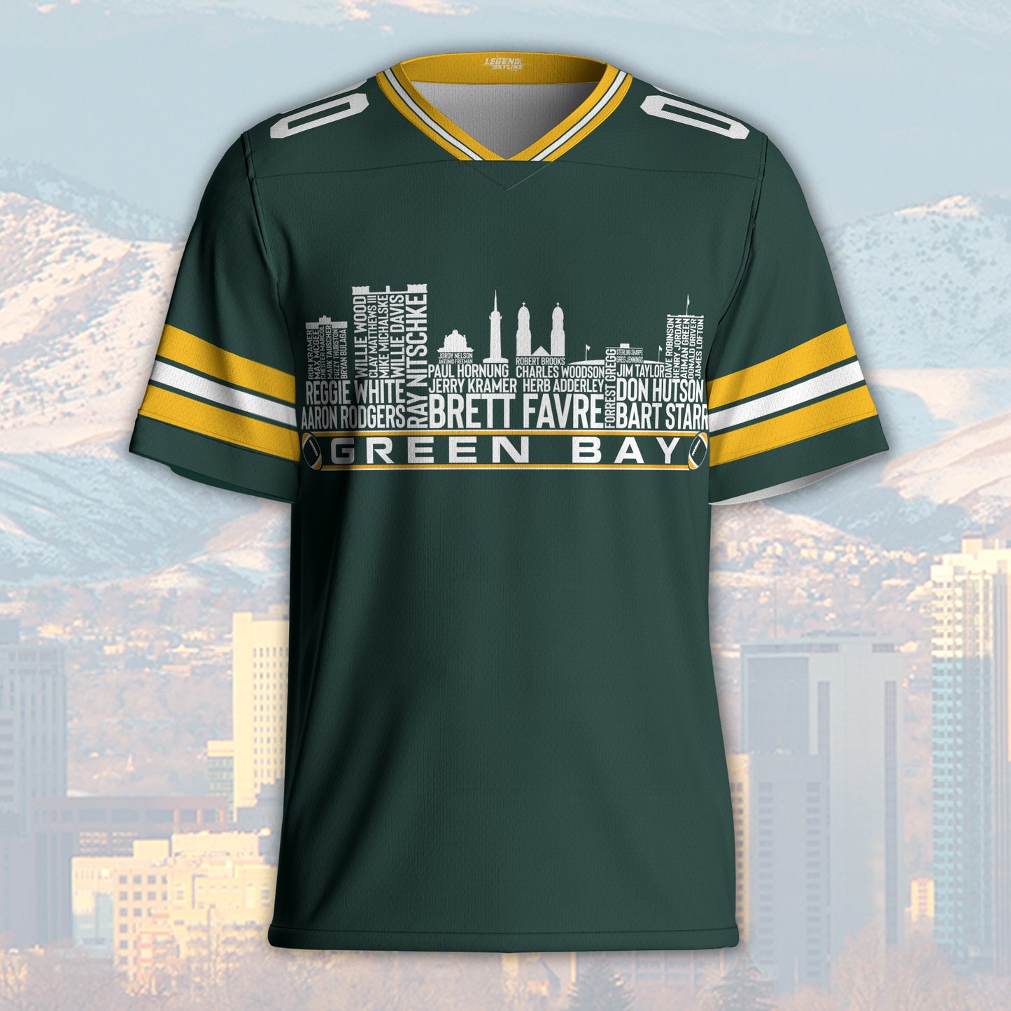 Green Bay Jersey Custom Football Greatest Of All Time Team Legends Green Bay City Skyline Jersey Shirt, Personalized Embroidery Name NumberGreen Bay