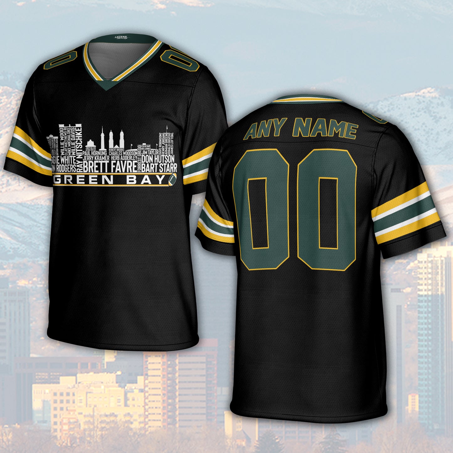 Green Bay Jersey Custom Football Greatest Of All Time Team Legends Green Bay City Skyline Jersey Shirt, Personalized Embroidery Name NumberGreen Bay