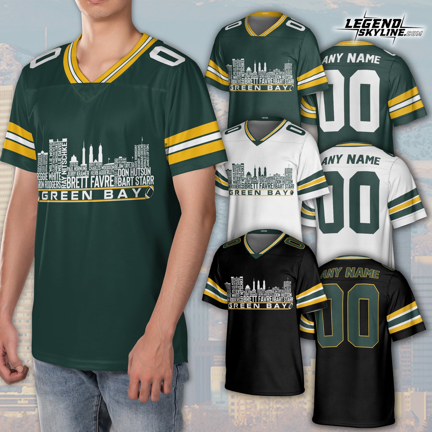 Green Bay Jersey Custom Football Greatest Of All Time Team Legends Green Bay City Skyline Jersey Shirt, Personalized Embroidery Name NumberGreen Bay
