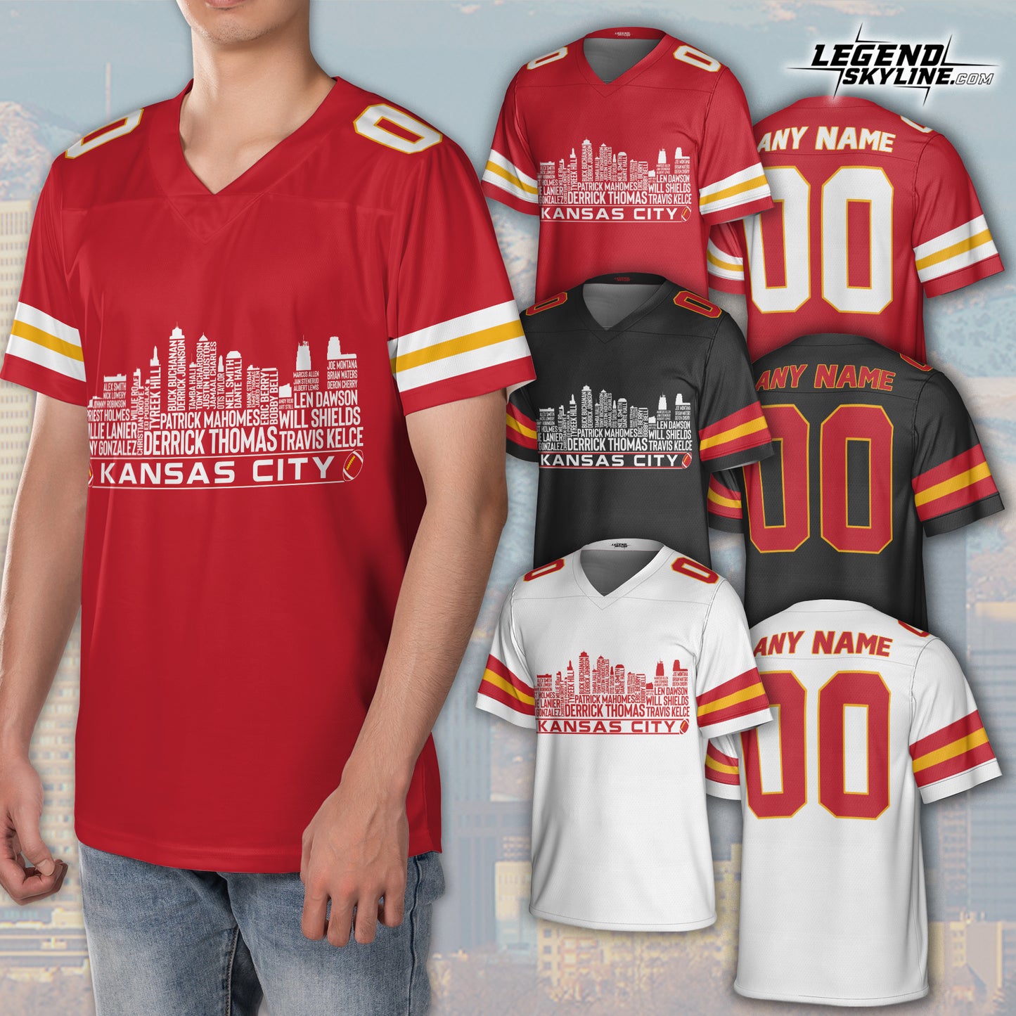 Kansas Jersey Custom Football Greatest Of All Time Team Legends Kansas City Skyline Jersey Shirt, Personalized Embroidery Name Number