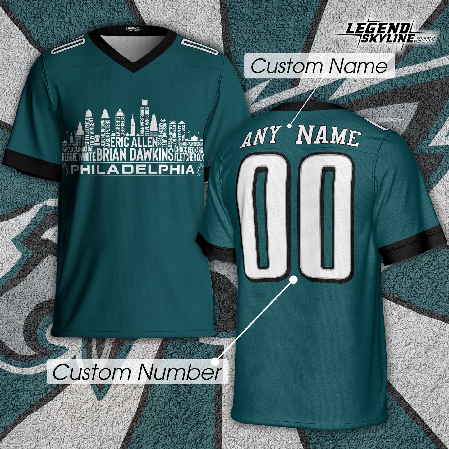 Philadelphia Custom Football Jersey Greatest Of All Time Team Legends, Philadelphia City Skyline Shirt, Personalized Embroidery Name Number