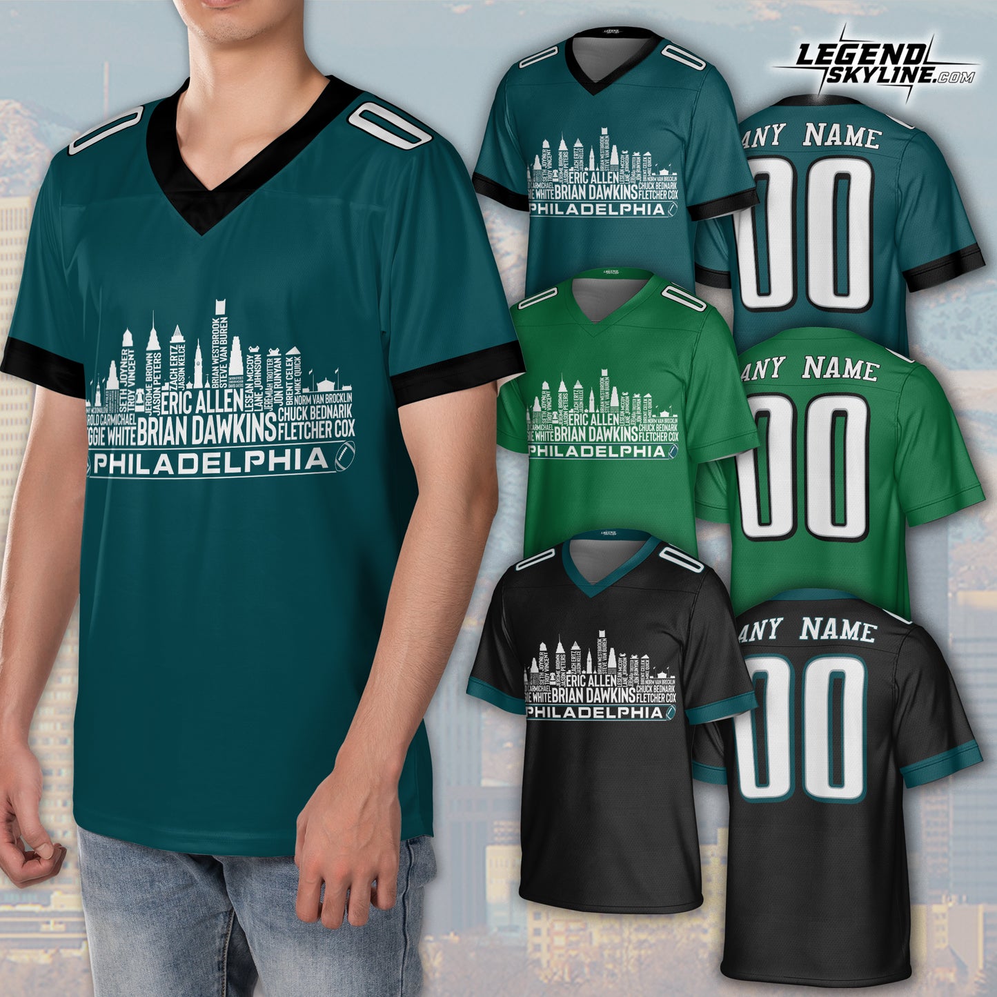 Philadelphia Custom Football Jersey Greatest Of All Time Team Legends, Philadelphia City Skyline Shirt, Personalized Embroidery Name Number