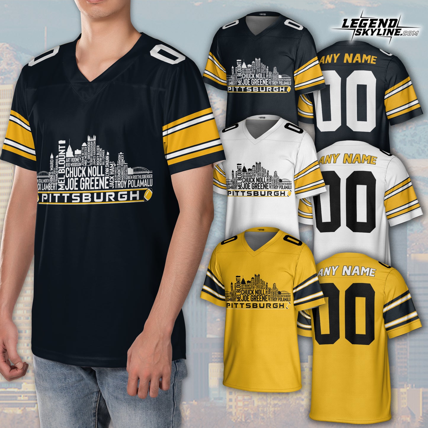 Pittsburgh Custom Football Jersey Greatest Of All Time Team Legends, Pittsburgh City Skyline Shirt, Personalized Embroidery Name Number