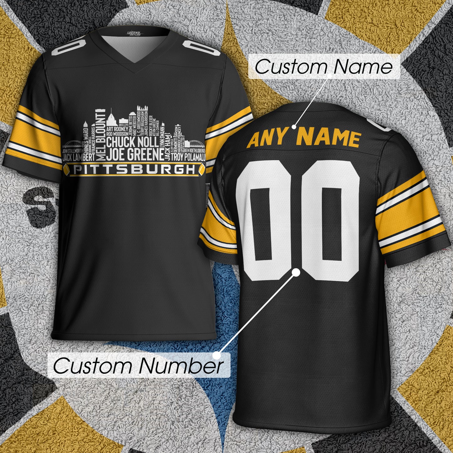 Pittsburgh Custom Football Jersey Greatest Of All Time Team Legends, Pittsburgh City Skyline Shirt, Personalized Embroidery Name Number