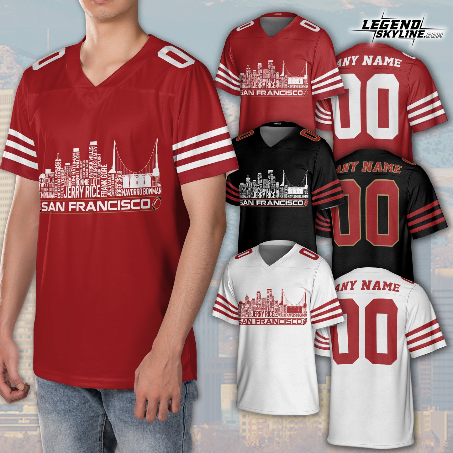 San Francisco Custom Football Jersey Greatest Of All Time Team Legends, San Francisco City Skyline Shirt, Personalized Embroidery Name Number