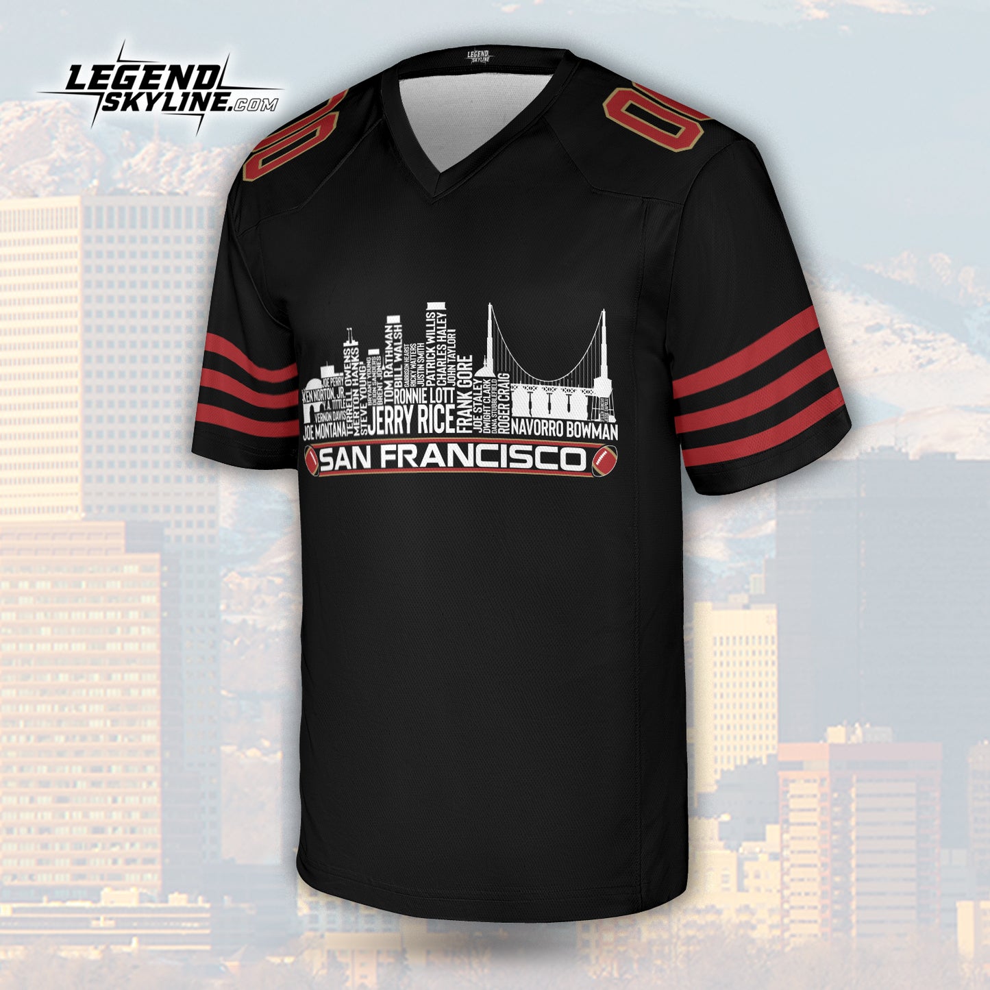 San Francisco Custom Football Jersey Greatest Of All Time Team Legends, San Francisco City Skyline Shirt, Personalized Embroidery Name Number