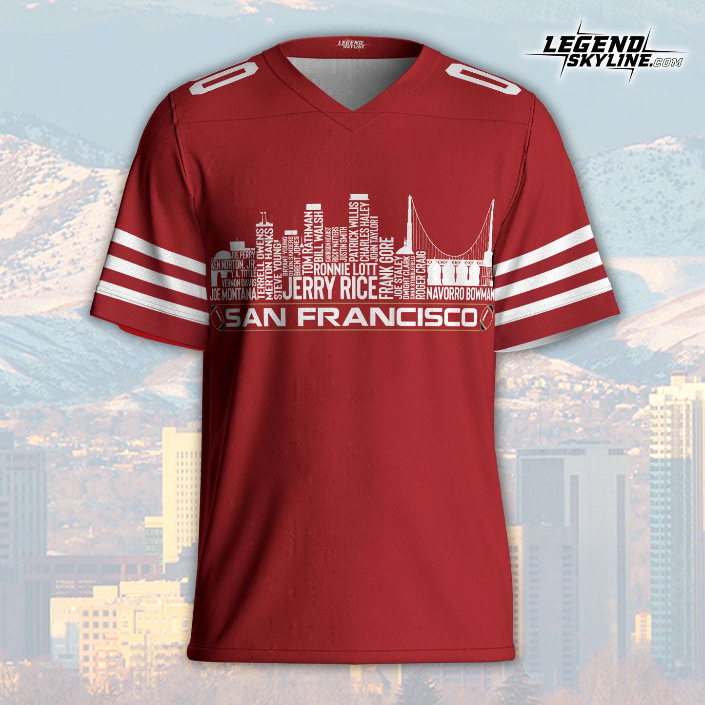 San Francisco Custom Football Jersey Greatest Of All Time Team Legends, San Francisco City Skyline Shirt, Personalized Embroidery Name Number