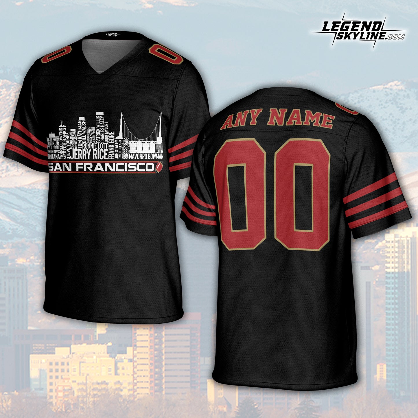 San Francisco Custom Football Jersey Greatest Of All Time Team Legends, San Francisco City Skyline Shirt, Personalized Embroidery Name Number