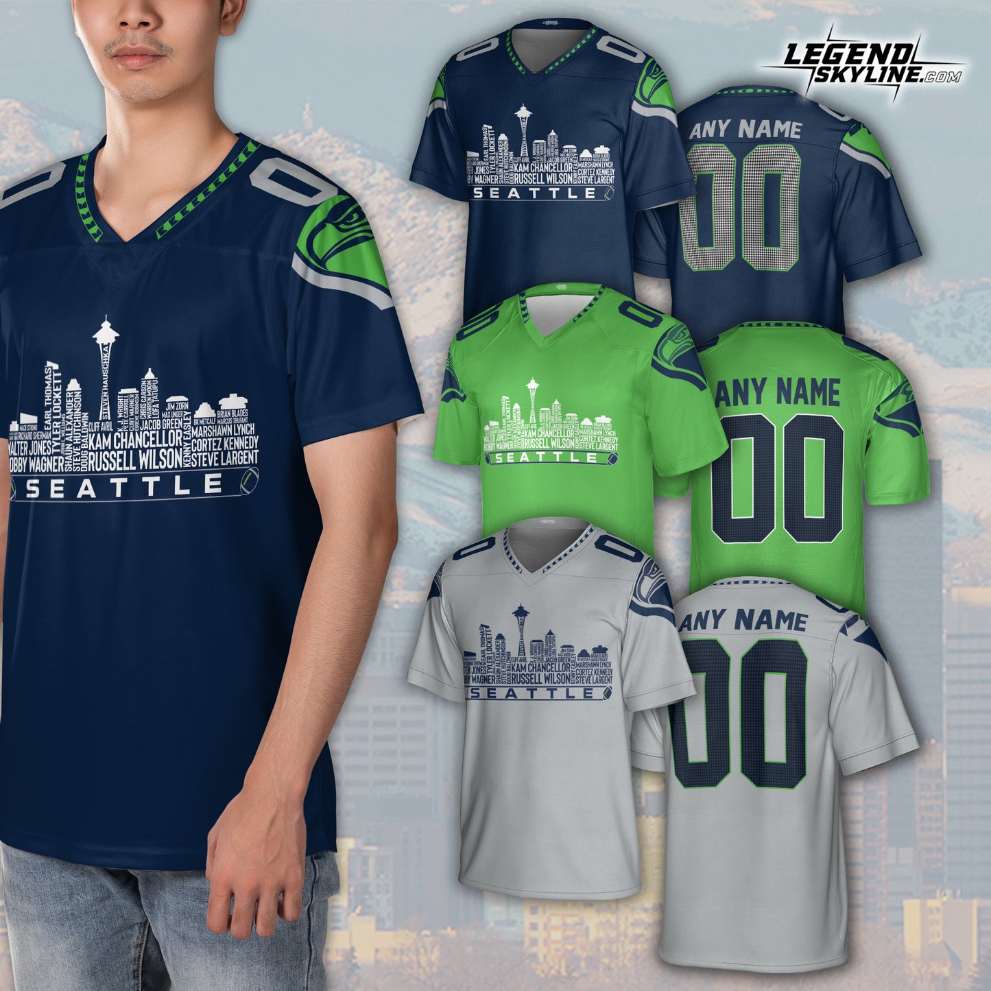Seattle Custom Football Jersey Greatest Of All Time Team Legends, Seattle City Skyline Shirt, Personalized Embroidery Name Number