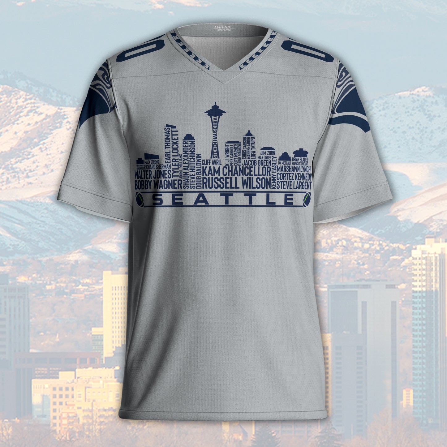 Seattle Custom Football Jersey Greatest Of All Time Team Legends, Seattle City Skyline Shirt, Personalized Embroidery Name Number