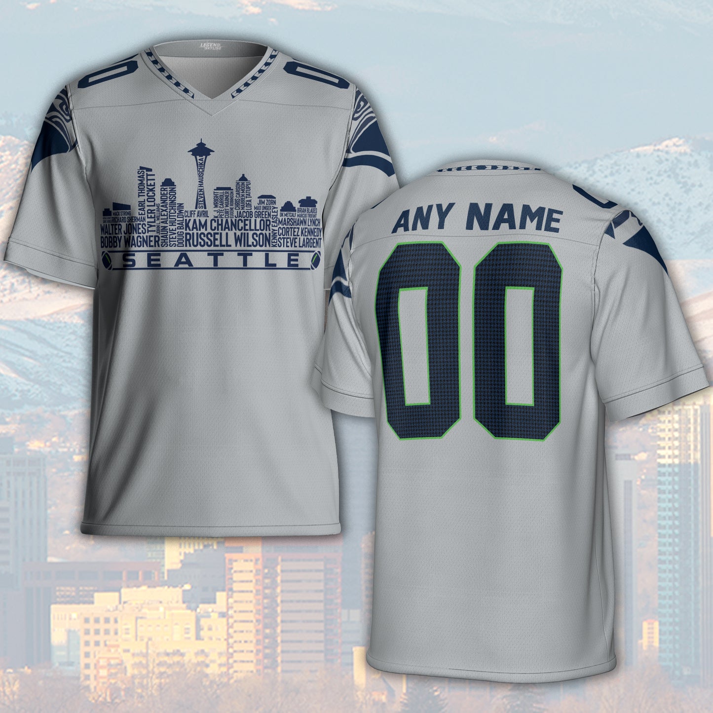 Seattle Custom Football Jersey Greatest Of All Time Team Legends, Seattle City Skyline Shirt, Personalized Embroidery Name Number