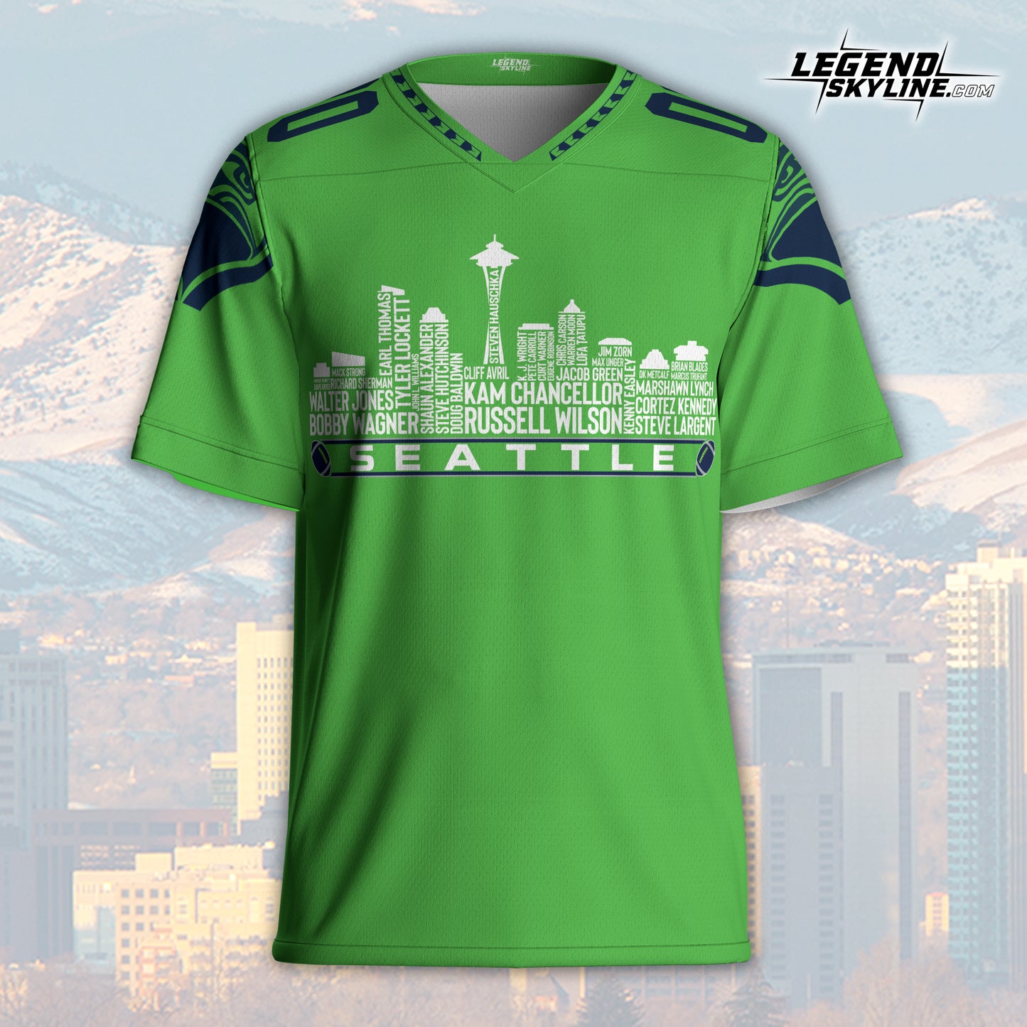 Seattle Custom Football Jersey Greatest Of All Time Team Legends, Seattle City Skyline Shirt, Personalized Embroidery Name Number