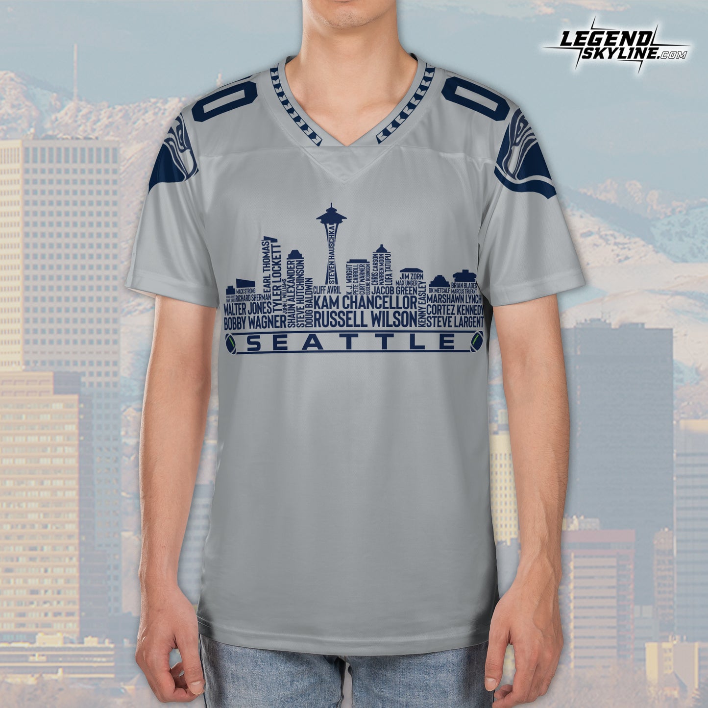 Seattle Custom Football Jersey Greatest Of All Time Team Legends, Seattle City Skyline Shirt, Personalized Embroidery Name Number