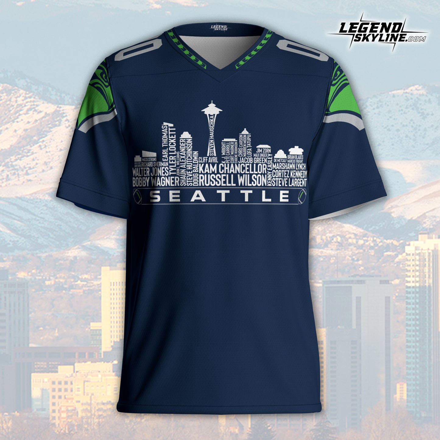 Seattle Custom Football Jersey Greatest Of All Time Team Legends, Seattle City Skyline Shirt, Personalized Embroidery Name Number