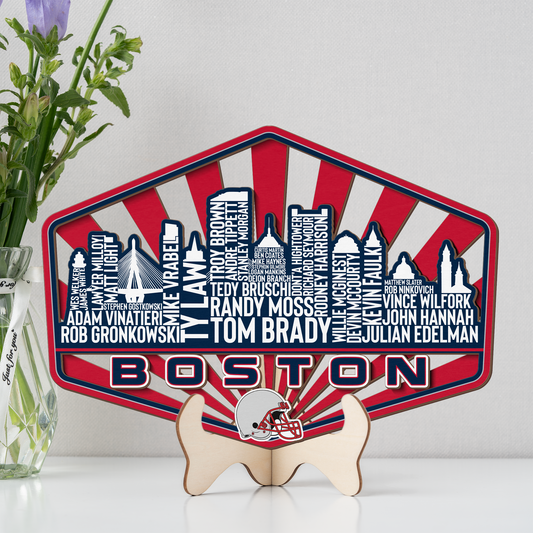 New England Football Greatest Of All Time Legend Team Wood Sign Boston City Skyline Gift Decor