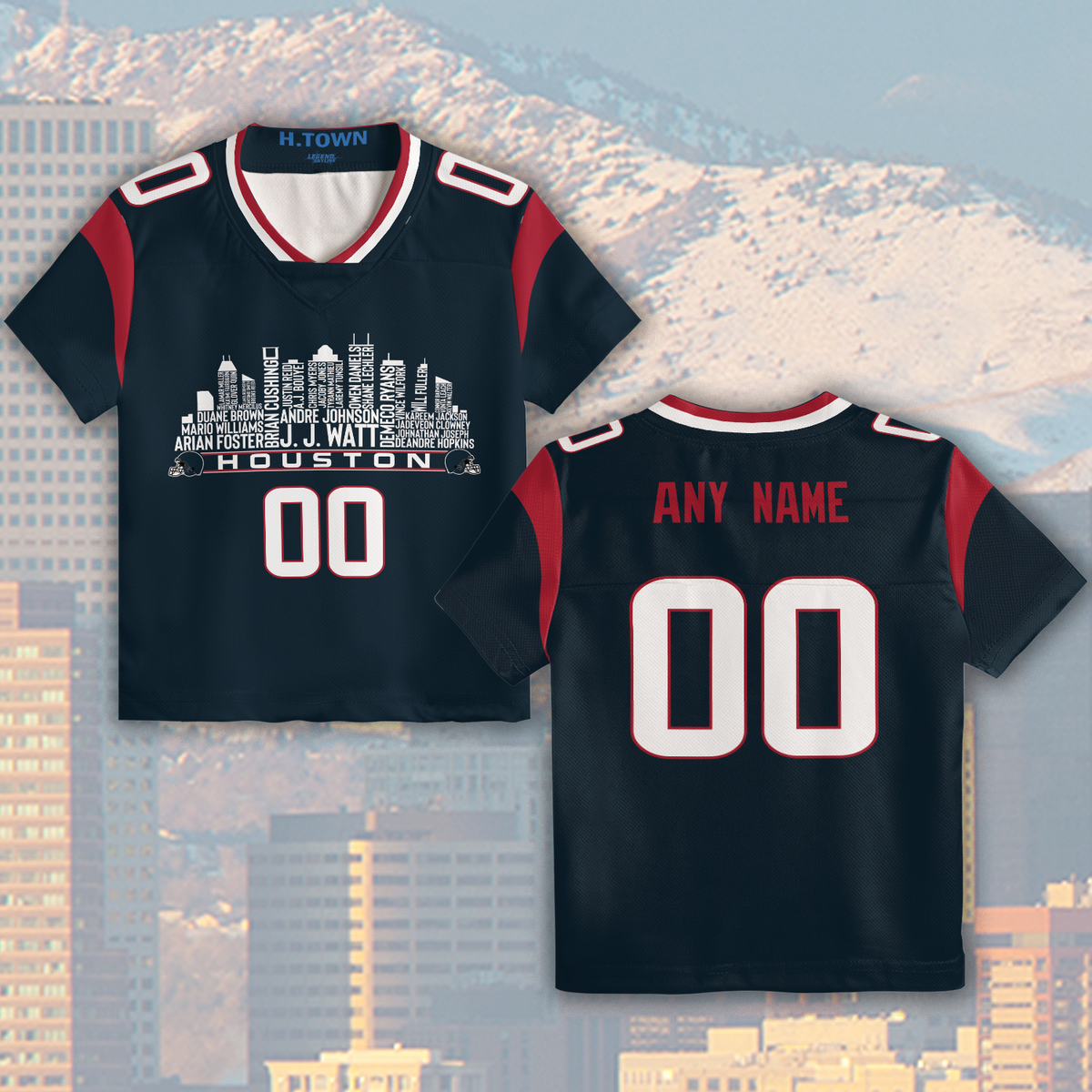 Houston Jersey Custom Football Greatest Of All Time Team Legends Houston City Skyline Jersey Shirt Personalized Embroidery Name Number