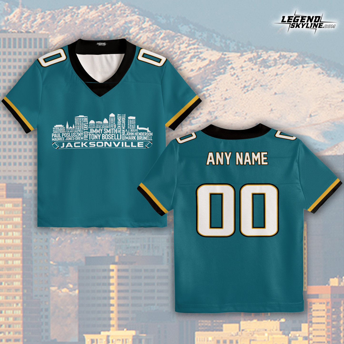 Jacksonville Jersey Custom Football Greatest Of All Time Team Legends Jacksonville City Skyline Jersey Shirt, Personalized Embroidery Name Number
