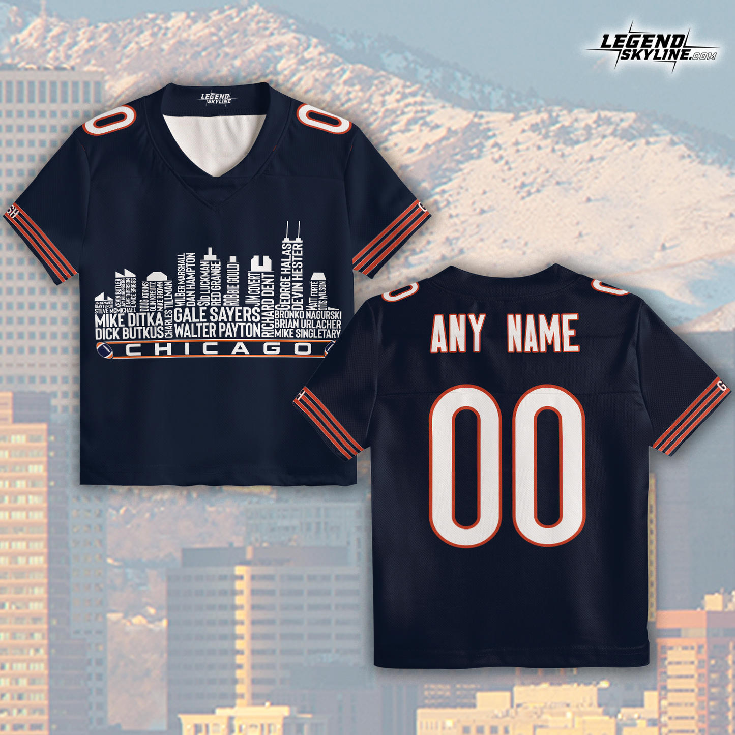 Chicago Jersey Custom Football Greatest Of All Time Team Legends Chicago City Skyline Jersey Shirt, Personalized Embroidery Name Number