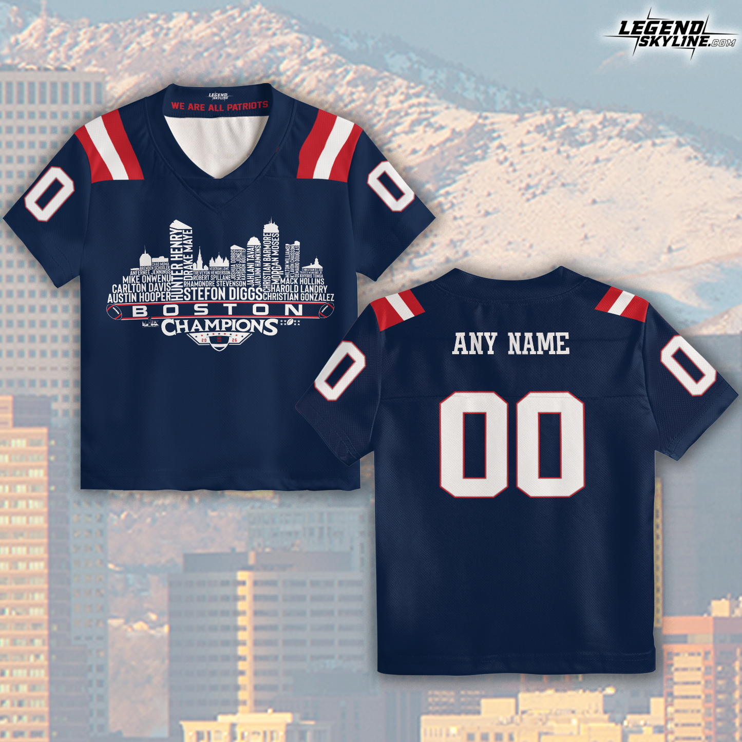 New England Custom Jersey Champions LX Football 2026 Bowl Dream Team Boston Skyline Personalized Embroidery Name Number