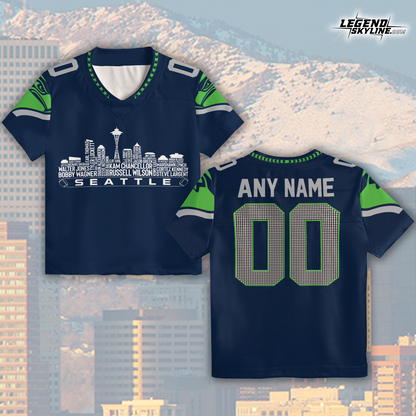 Seattle Custom Football Jersey Greatest Of All Time Team Legends, Seattle City Skyline Shirt, Personalized Embroidery Name Number