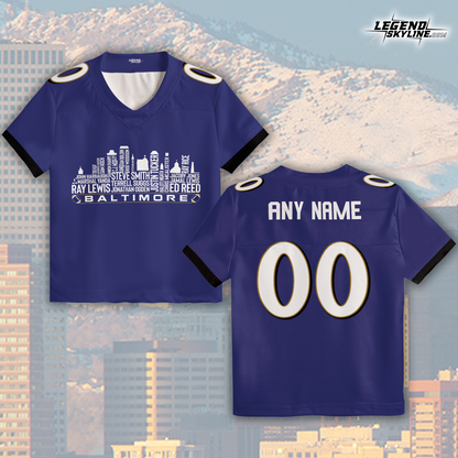 Baltimore Jersey Custom Football Greatest Of All Time Team Legends Baltimore City Skyline Jersey Shirt, Personalized Embroidery Name Number