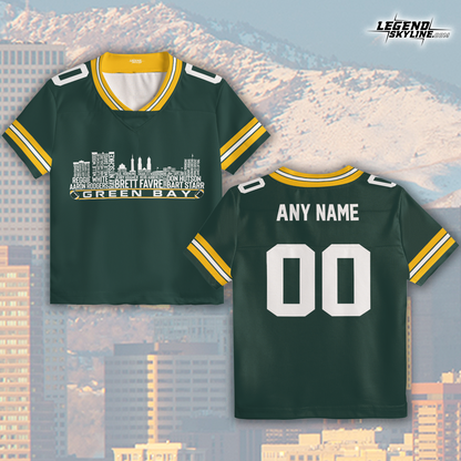 Green Bay Jersey Custom Football Greatest Of All Time Team Legends Green Bay City Skyline Jersey Shirt, Personalized Embroidery Name NumberGreen Bay
