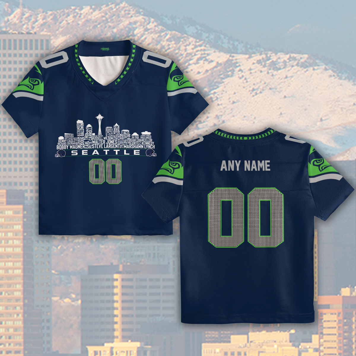 Seattle Custom Football Jersey Greatest Of All Time Team Legends Seattle City Skyline Shirt Personalized Embroidery Name Number