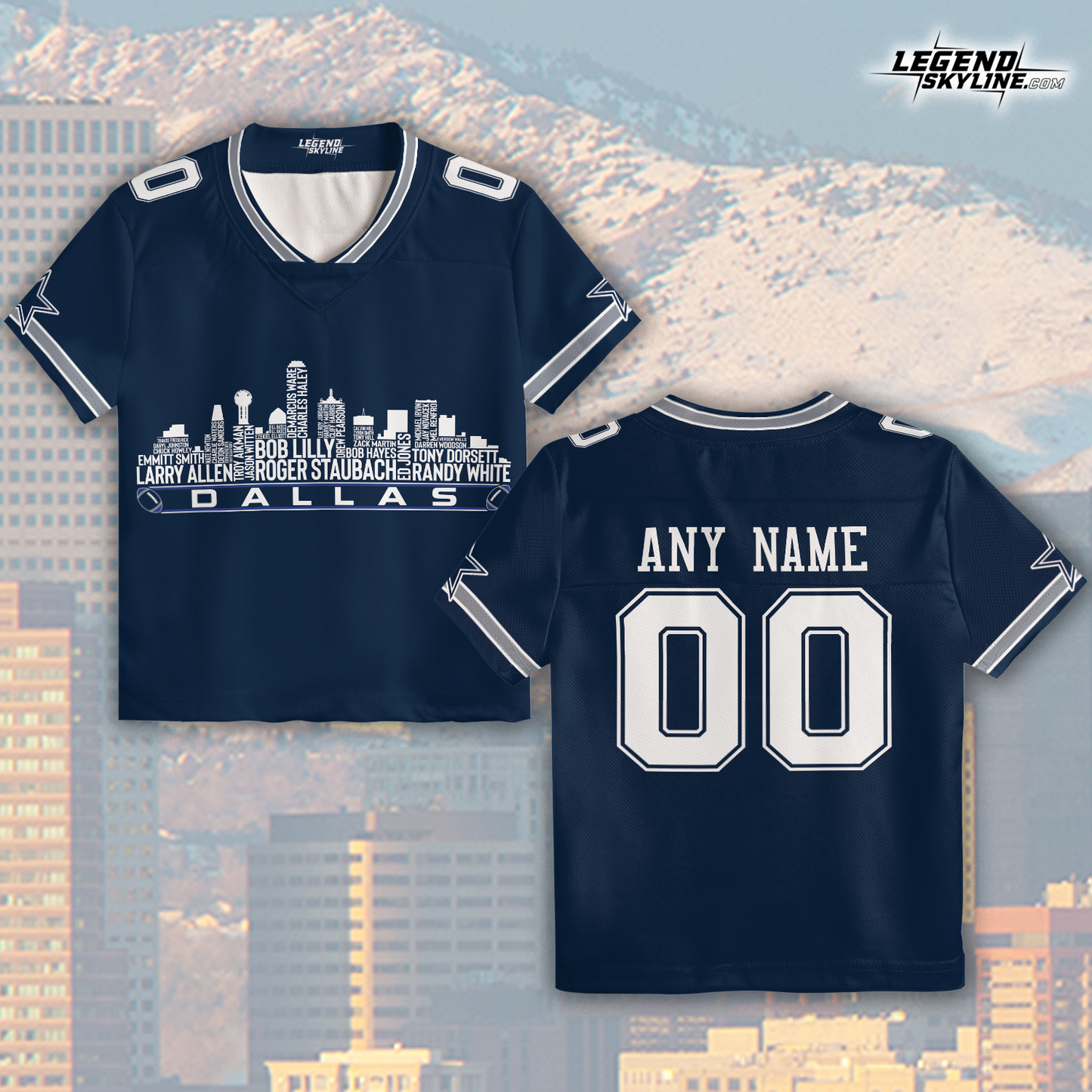 Dallas Custom Football Jersey Greatest Of All Time Team Legends, Dallas City Skyline Shirt, Personalized Embroidery Name Number