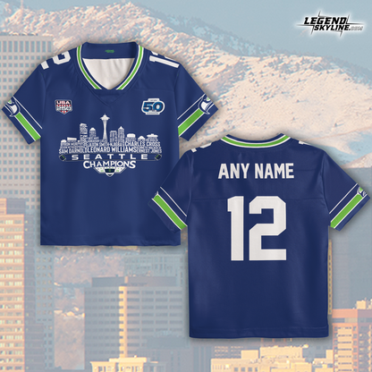 Seattle Custom Blue Jersey Champions LX Football 2026 Bowl Dream Team Seattle Skyline Personalized Embroidery Name Number